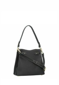 Bolso de mano de cuero negro con acabado texturizado, dos asas superiores y una correa desmontable. Presenta herrajes de tono plateado y costuras en contraste.