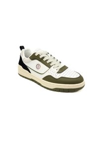 Weiße und olivgrüne Sneaker mit perforierter Zehenpartie, strukturierten schwarzen Akzenten an der Ferse und einer Gummisohle. Mit rundem Logo an der Seite.