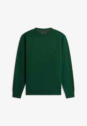 Sweatshirt vert foncé à col rond classique, avec poignets et ourlet côtelés, et un petit logo sur la poitrine.