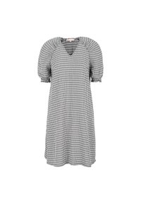 Vestido a cuadros en blanco y negro con mangas cortas abullonadas, escote en V y un ajuste holgado. Presenta detalles fruncidos alrededor de las mangas.
