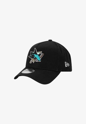 Black baseball cap with curved brim and embroidered teal shark logo. Features a New Era logo on the side. Made of fabric material.