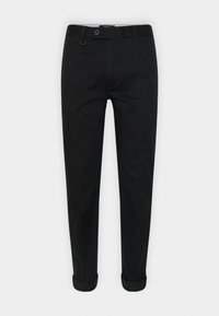 Pantaloni neri con vestibilità a gamba dritta, realizzati in tessuto di cotone liscio, con chiusura a bottone e orli risvoltati.