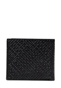 Portafoglio nero con texture, caratterizzato da un motivo geometrico in rilievo su materiale sintetico, dalla forma rettangolare compatta e dalla finitura liscia.