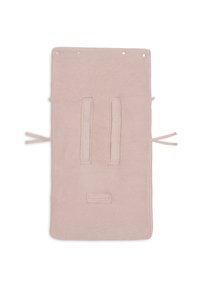 Lichtroze stoffen babydrager met een gestructureerd weefpatroon, met twee verticale banden en zijstrikken voor een veilige aanpassing.