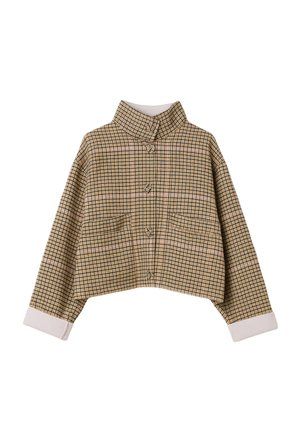 Camicia corta con bottoni in un motivo a quadri gialli, neri e rosa. Caratterizzata da maniche lunghe e polsini bianchi a contrasto. Realizzata in un tessuto strutturato.