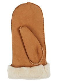 Tanskleurige leren want met een zachte crème kleurige bontmanchet. Beschikt over een duim en gestikte details langs de randen. Over het geheel een gladde textuur.