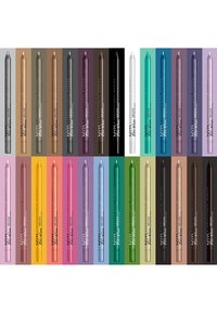 Vingt-quatre crayons à maquillage de couleur disposés en rangées. Les couleurs incluent argent, marron, vert, rose et violet. Fini lisse et brillant.