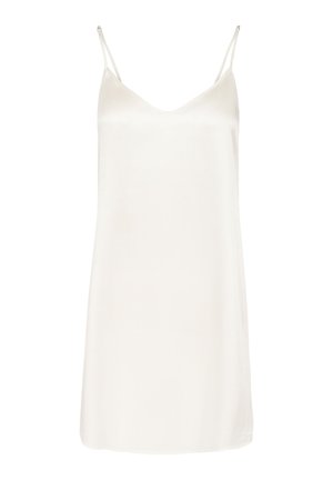 Satin white slip dress with thin adjustable straps, v-neckline, and a smooth texture. Falls just above the knee. Minimalist design.