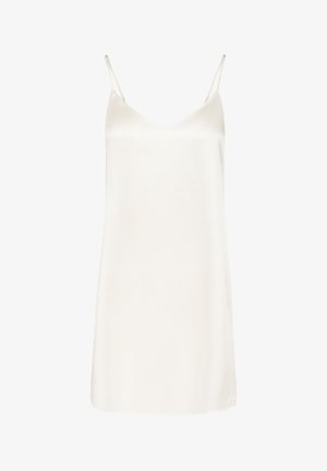 Satinweißes Slip-Kleid mit dünnen verstellbaren Trägern, V-Ausschnitt und glatter Textur. Fällt knapp über das Knie. Minimalistisches Design.