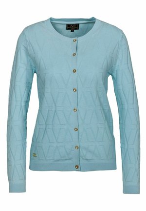 Cardigan bleu clair à manches longues avec encolure ronde, motif géométrique texturé, et sept boutons dorés sur le devant.