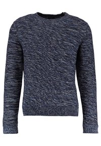 Pull en tricot à col rond avec un motif chiné bleu et marine. Poignets et ourlet côtelés, texture douce, avec une légère élasticité pour le confort.