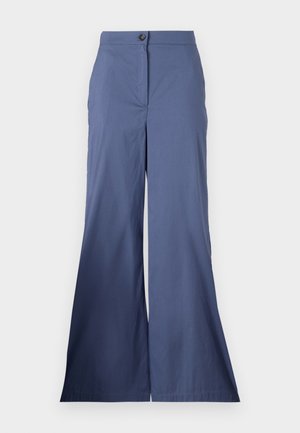 Navy blue wide-leg trousers made of smooth fabric, featuring a front button closure and clean lines, with a tailored fit throughout.