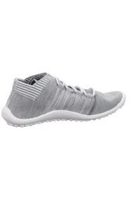 Lightweight grey athletic shoe with a mesh upper, rounded toe, and a flexible white rubber sole featuring small traction dots.