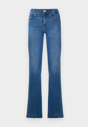 Blå flagrende jeans lavet af denim, med et klassisk fem-lomme design, en frontknaplukning, og let falmede områder på lårene.