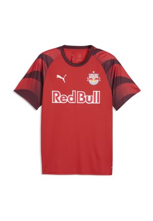Maillot de football à manches courtes rayé rouge et rouge foncé avec logo Puma, texte Red Bull et écusson de l'équipe Red Bull Salzburg sur la poitrine.
