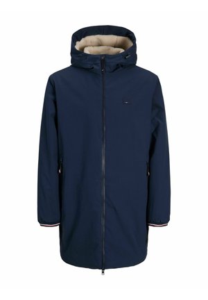 Mornarska parka jakna s kapuljačom obloženom krznom, koja ima prednji zip, bočne džepove i pruge na manžetama. Glatka vanjska tekstura.