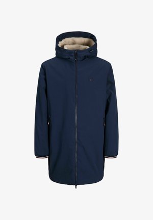 Marine parka jack met een met bont gevoerde capuchon, voorzien van een rits aan de voorkant, zijzakken en gestreepte accenten op de manchetten. Gladde buitenkant.