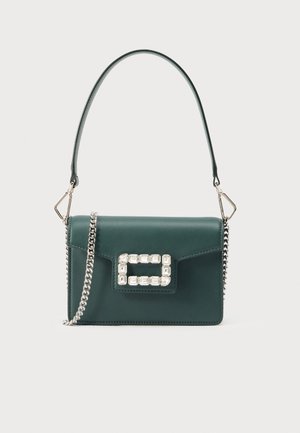 Dark green rectangular handbag with a single top handle, silver chain strap, and rectangular rhinestone buckle on front flap.