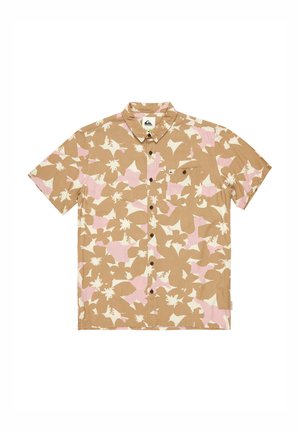 Krátky rukáv, košeľa na gombíky v pieskovom odtieni, s ružovým a krémovým kvetinovým vzorom. Obsahuje náprsné vrecko a golier.