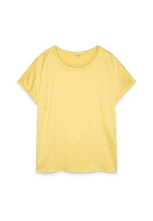 Geel loszittend damesshirt met korte mouwen, ronde hals, gladde stof en minimale naden, afgebeeld op een witte achtergrond.