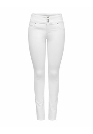 Jeans skinny taille haute blancs avec trois boutons métalliques, poches devant et jambes fines de longueur cheville, présentés sur un fond blanc.