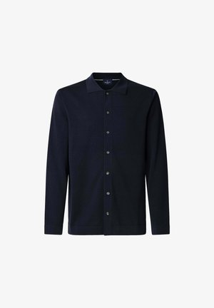 Donkerblauw longsleeve tricot shirt met een kraag, knoopsluiting aan de voorkant en een gladde textuur. Heeft subtiele grijze knopen.