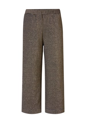 Brązowe, szerokie, skrócone spodnie o teksturowanym materiale, z subtelnym prążkowanym wzorem i elastycznym paskiem w talii dla wygody.