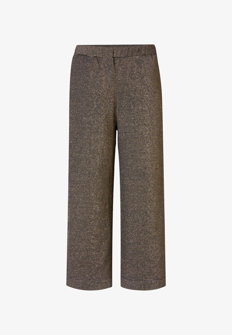 Braune, weit geschnittene, cropping Hosen aus strukturiertem Stoff, mit einem dezenten Streifenmuster und einem elastischen Bund für zusätzlichen Komfort.