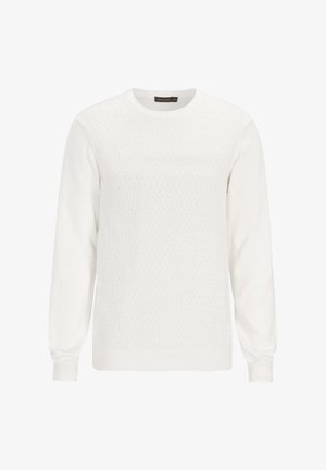 White knitted sweater with a textured zigzag pattern, round neckline, and long sleeves. Ribbed hem and cuffs add structure to the design.