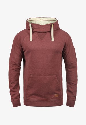 Burgundowa bluza z dużą kieszenią przednią, kremowymi sznurkami i teksturowanym wykończeniem; posiada trójkątny dekolt na klatce piersiowej oraz prążkowane mankiety.