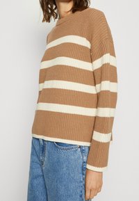 Persona vestida con un suéter de punto marrón con rayas horizontales blancas y jeans de mezclilla azules, de pie contra un fondo blanco liso.