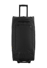 Zwarte koffer op wielen met een ruitjespatroon, voorzakken met rits en een uitschuifbare handgreep. Duurzaam fabricage en soepele wielen.