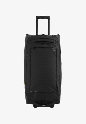 Zwarte koffer op wielen met een ruitjespatroon, voorzakken met rits en een uitschuifbare handgreep. Duurzaam fabricage en soepele wielen.