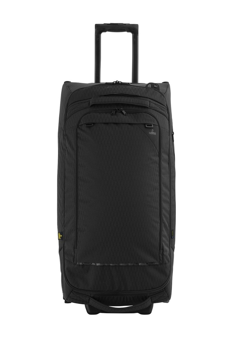 Zwarte koffer op wielen met een ruitjespatroon, voorzakken met rits en een uitschuifbare handgreep. Duurzaam fabricage en soepele wielen.