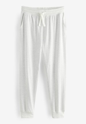 Hellgraue Sweatpants mit elastischem Bund und Kordelzug, ausgestattet mit Seiten- und Tapered-Cuffs. Weicher Stoff mit subtiler Textur.
