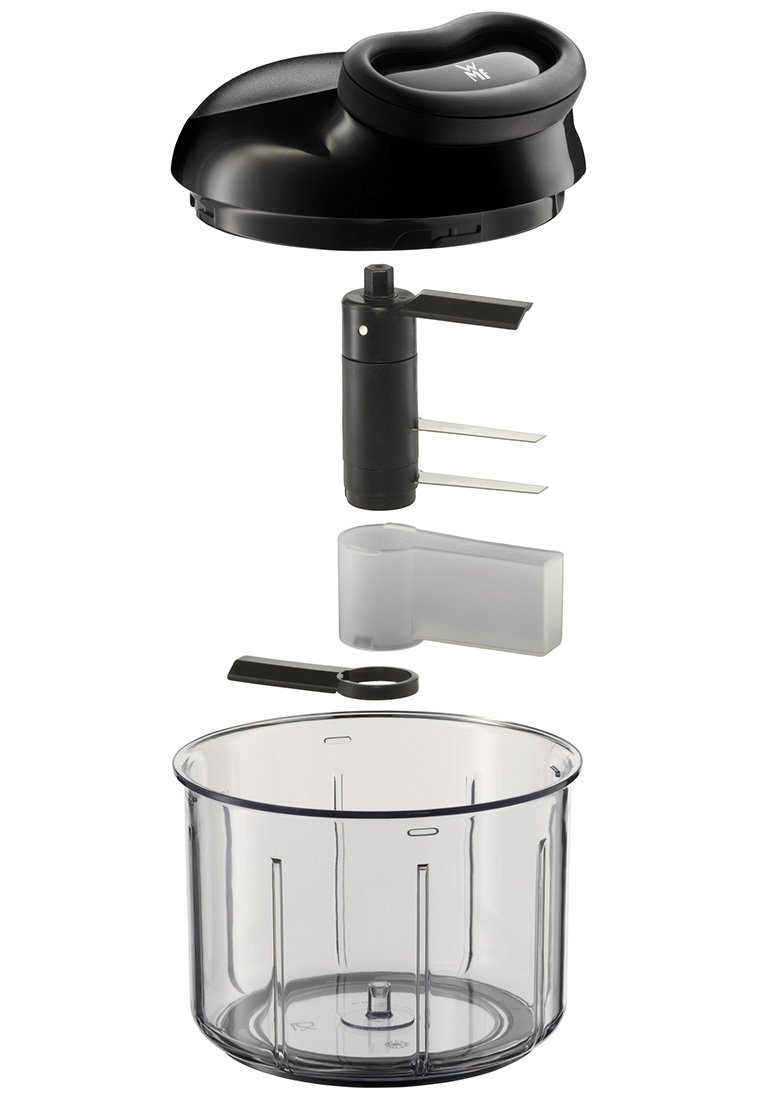 Schwarzer Kunststoffdeckel für die Küchenmaschine mit Griff, Kunststoffmixschüssel, schwarzes Zubehör mit doppelten Klingen und ein transparenter Messbecher.