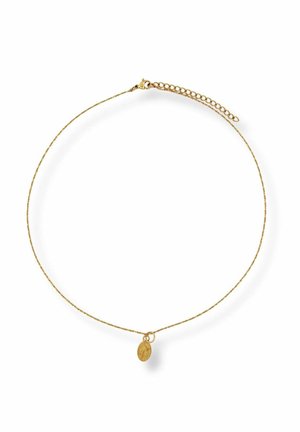 Delicate gold chain necklace with a small oval pendant featuring a textured design and adjustable chain clasp.