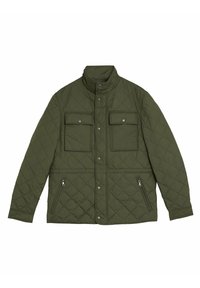 Veste matelassée vert olive avec un col montant, deux poches poitrine, des zips sur les côtés et un motif en losanges texturé sur le tissu.