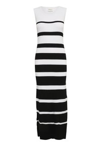 Abito midi senza maniche a righe orizzontali in bianco e nero, con scollo a girocollo e silhouette aderente.
