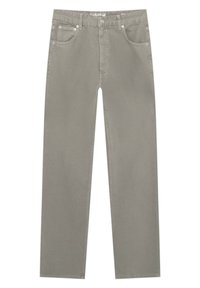 Pantalon gris clair à jambes droites avec bouton à l'avant, fermeture éclair, passants de ceinture et cinq poches visibles sur fond blanc.