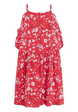 Rode bloemenjurk met gerimpelde mouwen, voorzien van witte en groene bloempatronen, elastische taille en een losse, vloeiende silhouet.