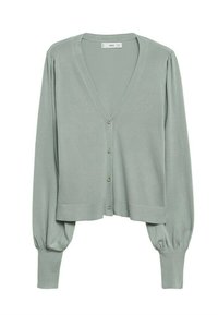 Jasnozielony kardigan z dekoltem w serek, pięcioma guzikami oraz długimi bufkowatymi rękawami z prążkowanymi mankietami i wykończeniem na dole. Gładka faktura i krótszy fason.