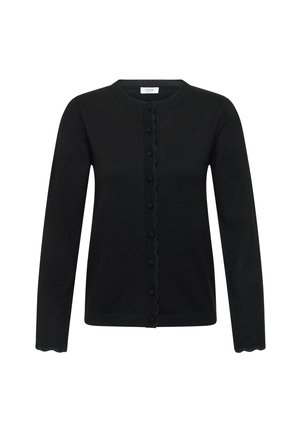 Cardigan noir à manches longues avec encolure ronde et fermeture à boutons sur le devant, présentant des bords festonnés le long de la ligne des boutons et des poignets.