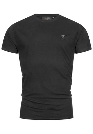 T-shirt en coton noir à manches courtes, col rond, avec un petit logo blanc sur la poitrine gauche. Texture lisse et design ajusté.