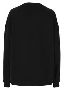 Zwarte sweatshirt met een relaxte pasvorm. Heeft een ronde hals, verlaagde schouders en geribbelde manchetten. De achterkant toont een gladde, gelijkmatige textuur.