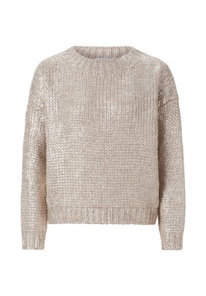 Beige gestrickter Pullover mit Rundhalsausschnitt, langen Ärmeln und lockerer Passform. Verfügt über eine strukturierte, schimmernde Oberfläche und gerippte Bündchen.