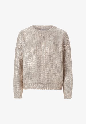 Pull en tricot beige avec un col rond, des manches longues et une coupe ample. Présente une finition texturée et scintillante ainsi que des poignets côtelés.