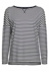 Maglia a maniche lunghe a righe in blu navy e bianco. Tessuto morbido, scollo rotondo con una decorazione a punto croce. Presenta spaccature laterali sull'orlo.