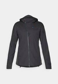 Schwarze leichte Jacke mit Kapuze, ausgestattet mit einem Frontreißverschluss, strukturierten Akzenten und einem atmungsaktiven Mesh-Einsatz auf der Brust.