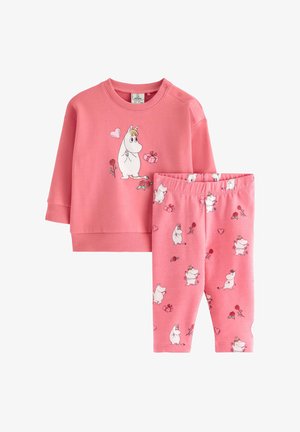 Set di abbigliamento da casa per bambini in cotone rosa con maglia a maniche lunghe con grafica di unicorno e regalo, abbinato a pantaloni coordinati decorati con motivi simili.
